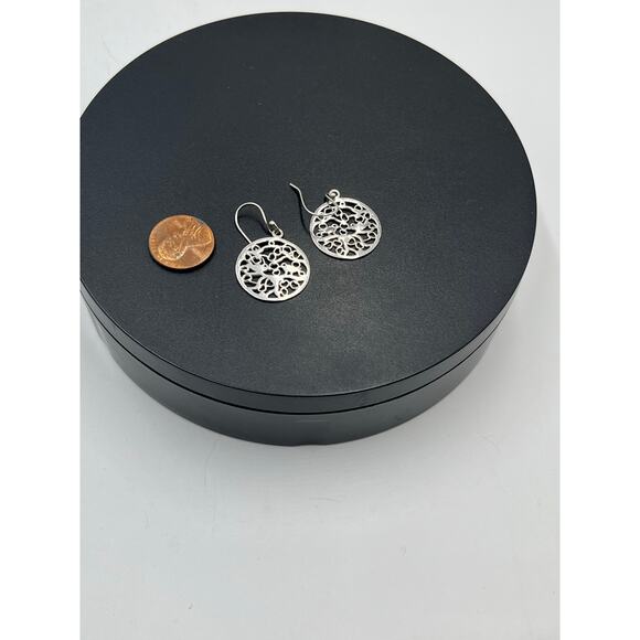 Sterling Silver 925 Filigree Design Round Dangle Drop Pierced Earrings - Picture 2 of 5